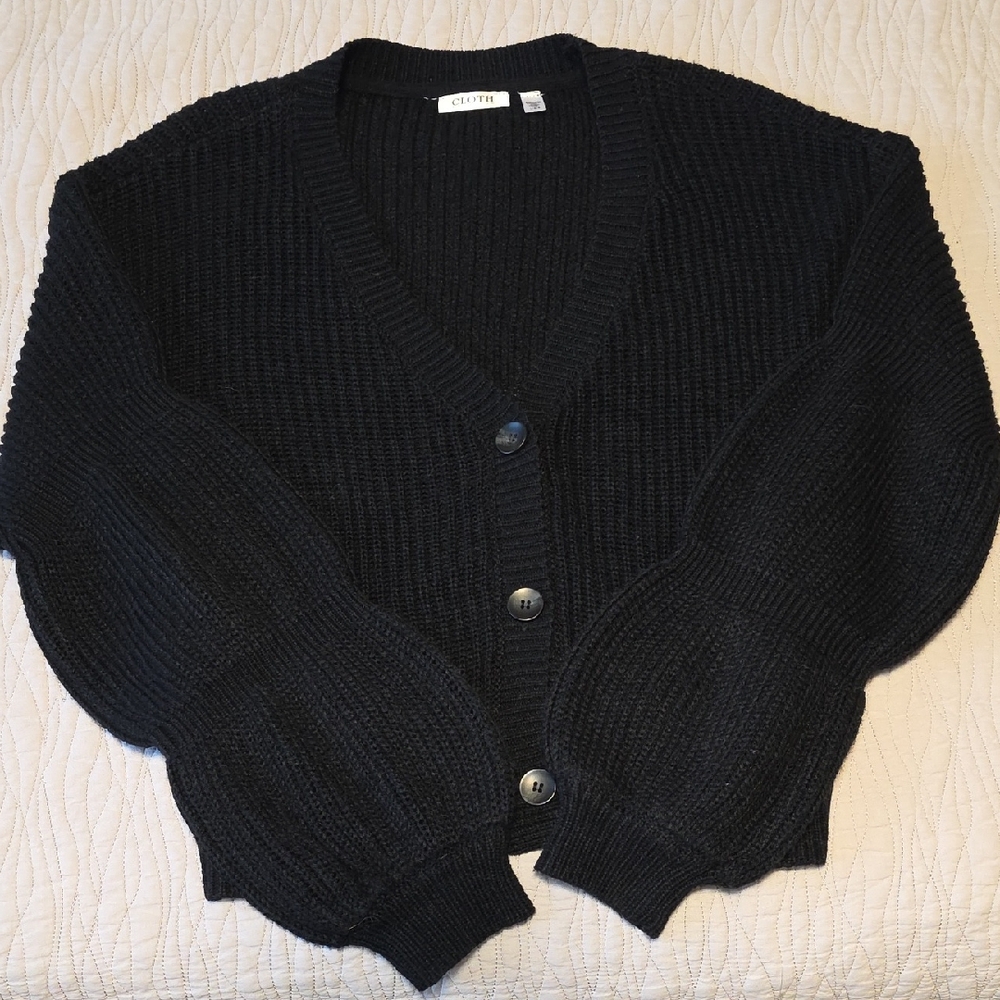 Button Front Black Knit Cardigan W/Puffy Sleeves Size L